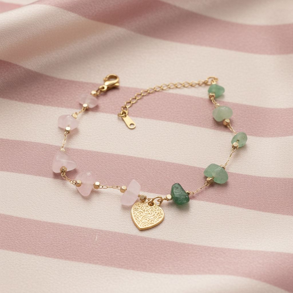 Bracelet pierres roses et vertes cœur - fond rose rayé satiné