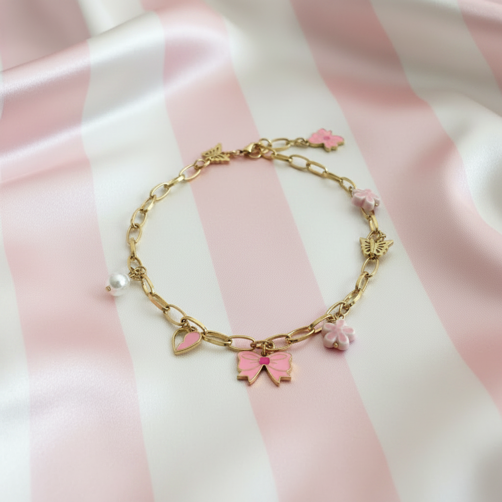 Bracelet à plat — fond rayures rose poudrée & crème satinée
