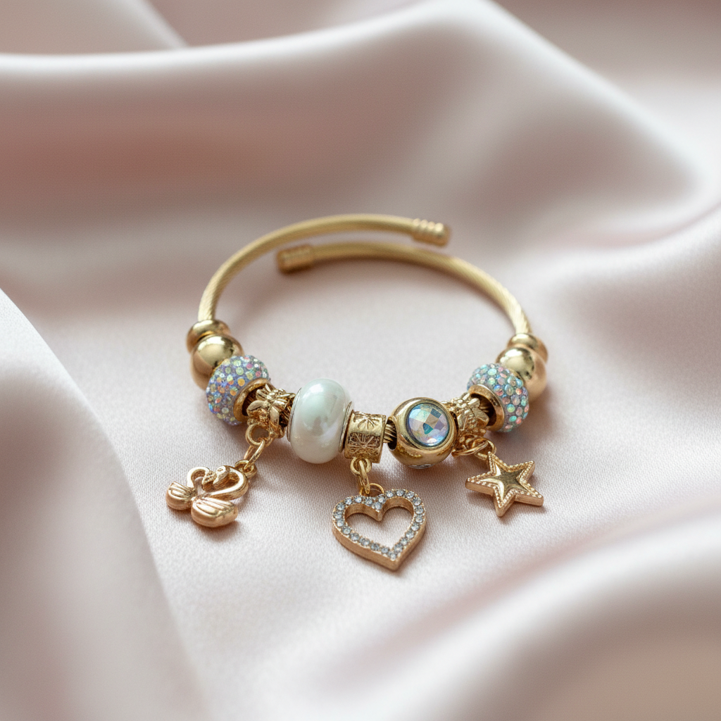 Bracelet sur fond rose poudré crème satiné