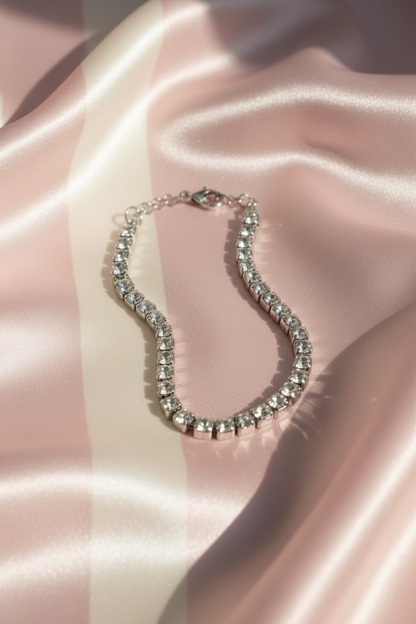 Bracelet tennis en S – fond rayé satiné rose poudre
