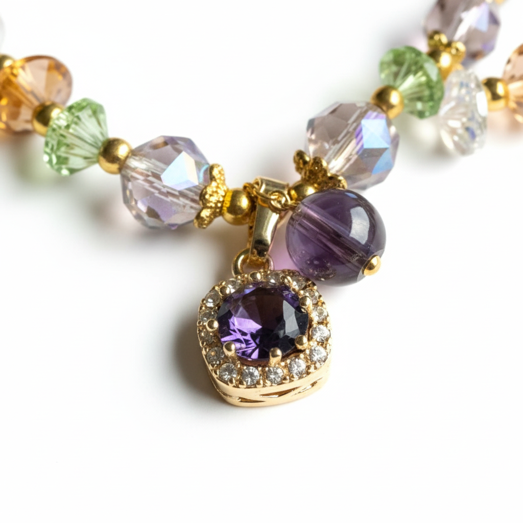 Bracelet violet détail pendentif sur fond blanc