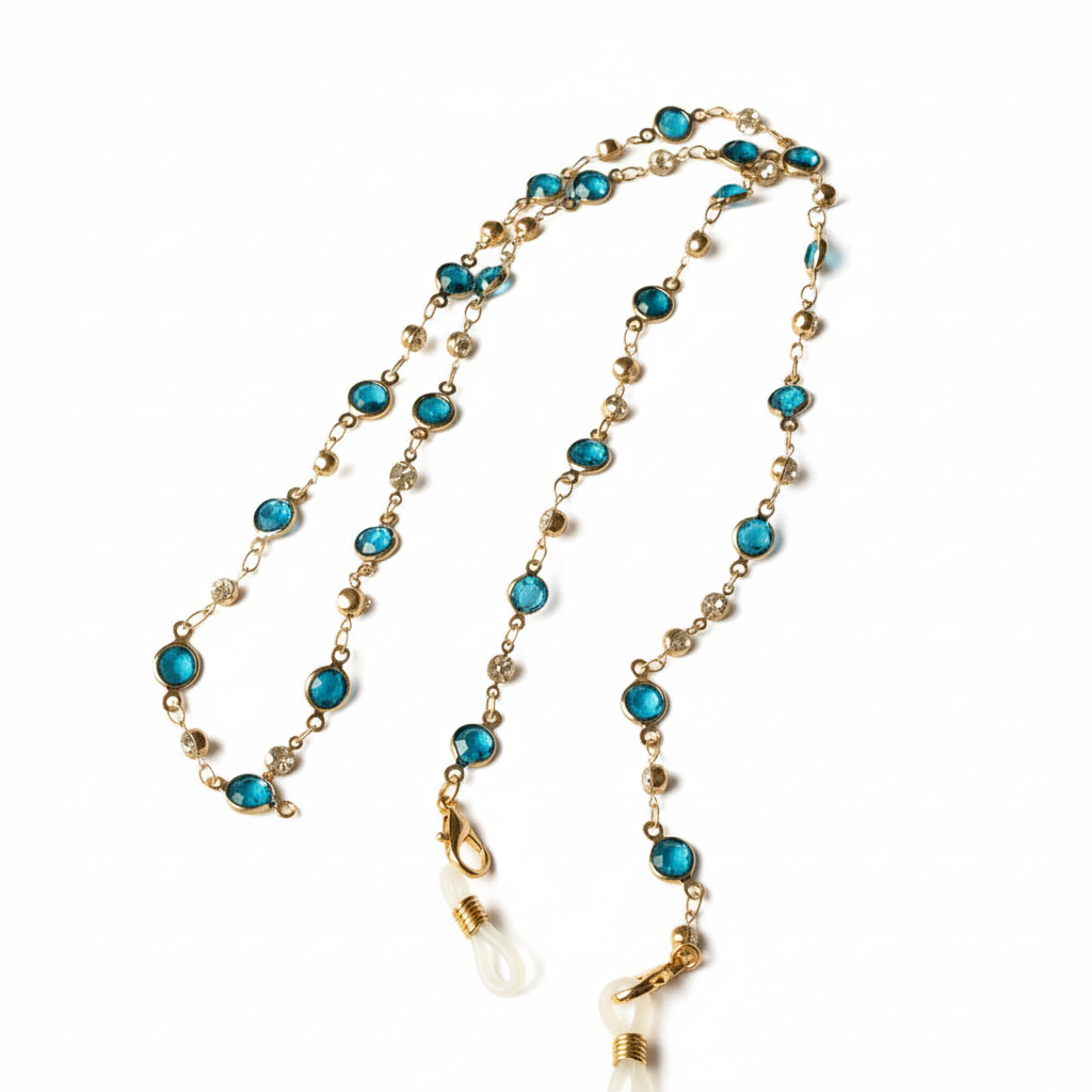 Chaîne de lunettes turquoise fond blanc