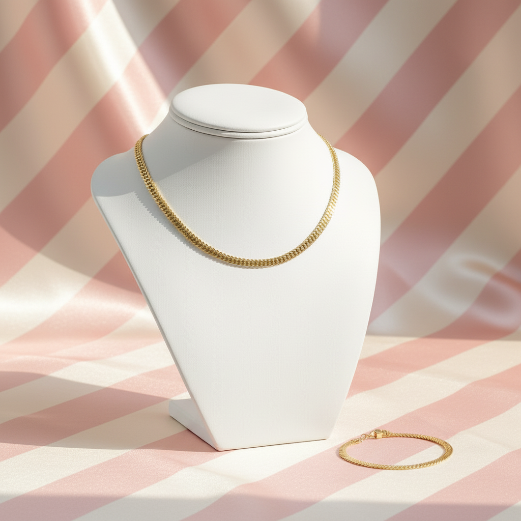 Chaîne double maille or - buste - fond rayé rose crème