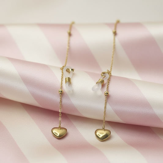 Chaîne lunettes cœurs - fond rayé rose satiné 2