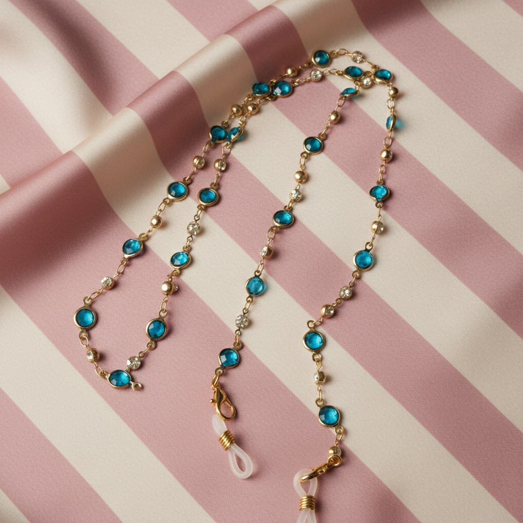 Chaîne lunettes turquoise - fond rose rayé satiné