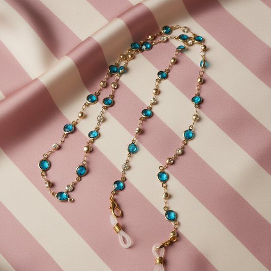 Chaîne lunettes turquoise - fond rose rayé satiné