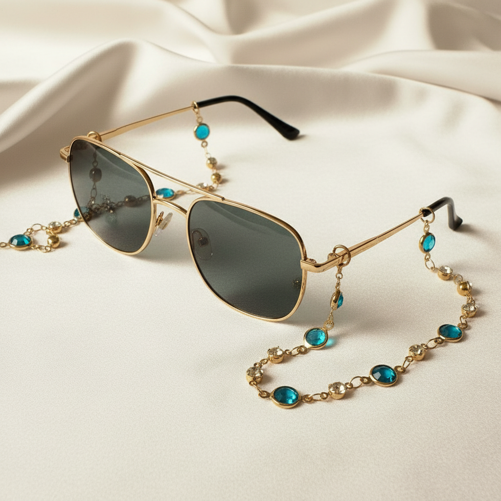 Chaîne turquoise sur lunettes