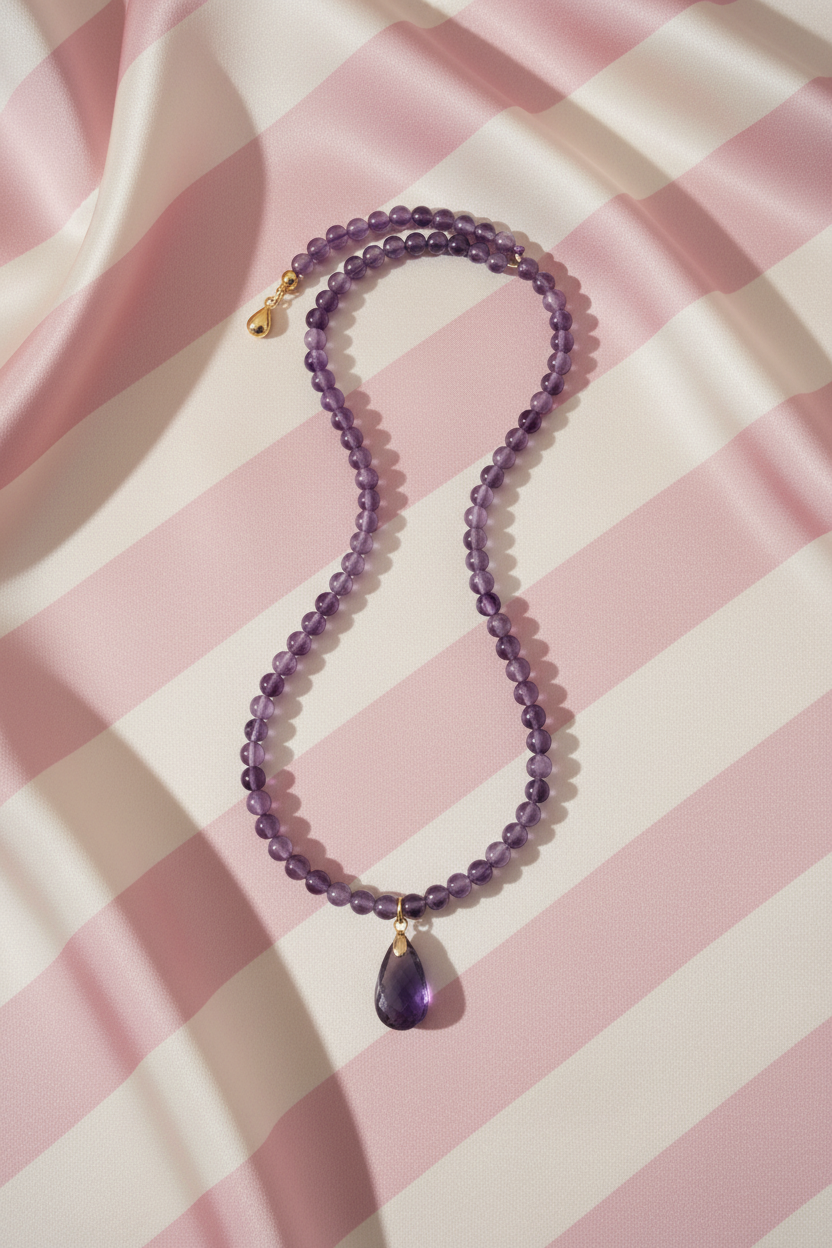 Collier améthyste à plat - fond satiné rayures