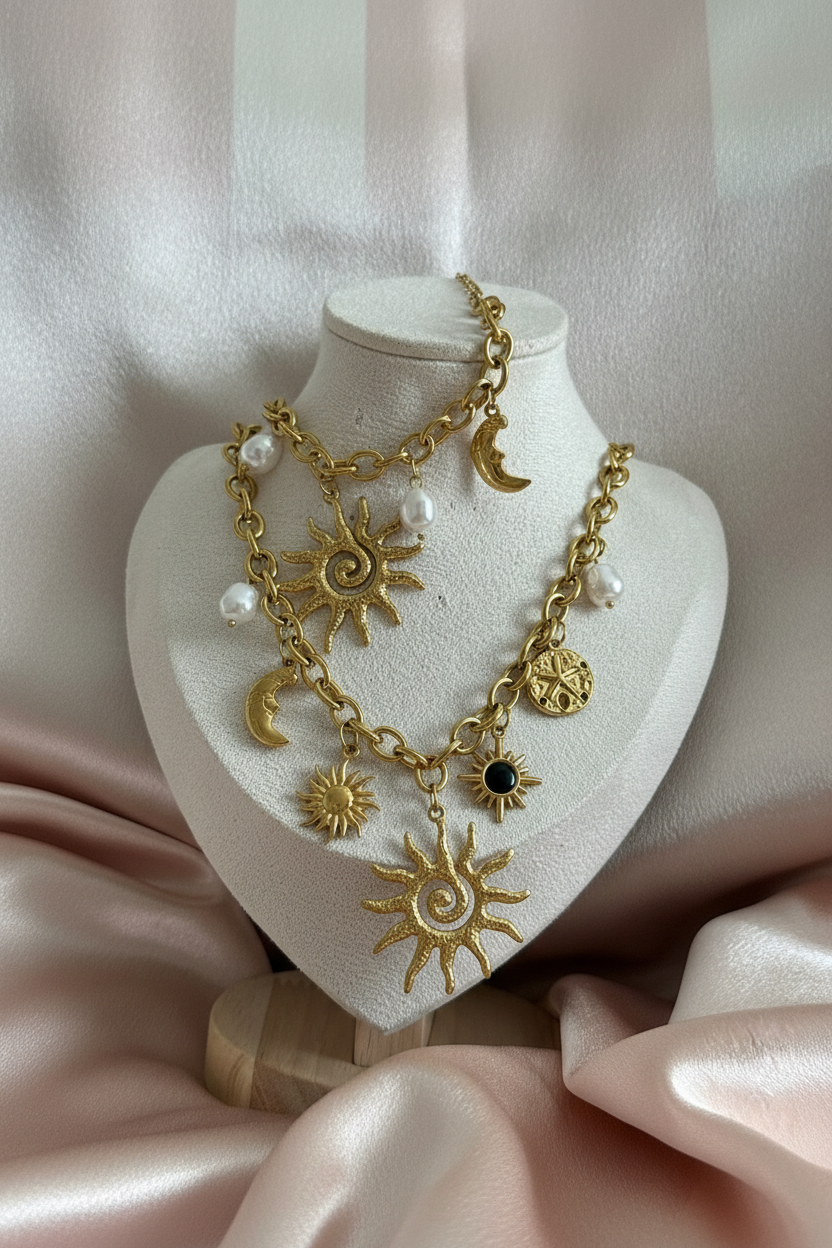 Collier céleste fond rose rayé 2