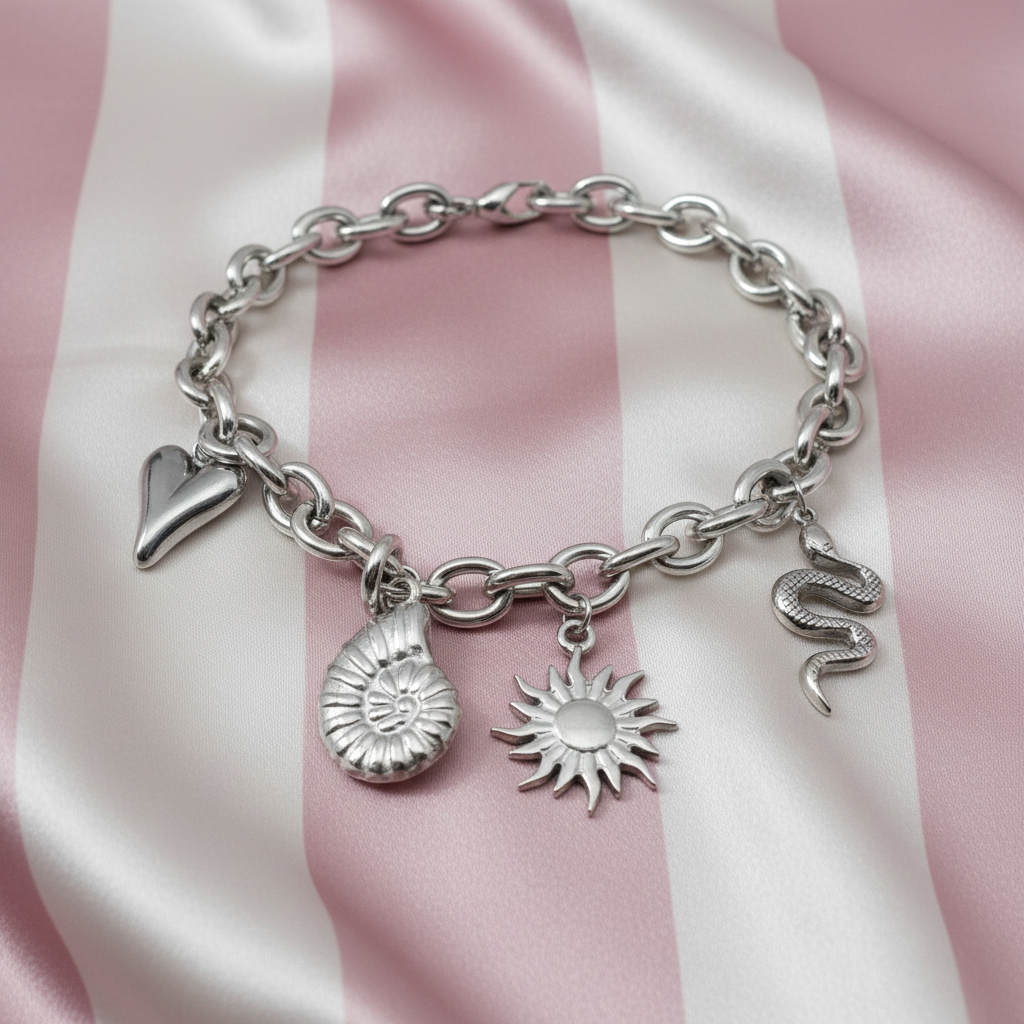 Collier charms argent gros plan — fond rayures rose poudrée & crème satinée