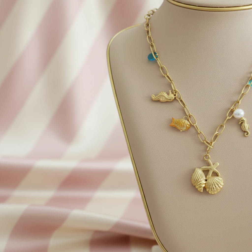 Collier charms mer - détail sur buste - fond rayé rose crème