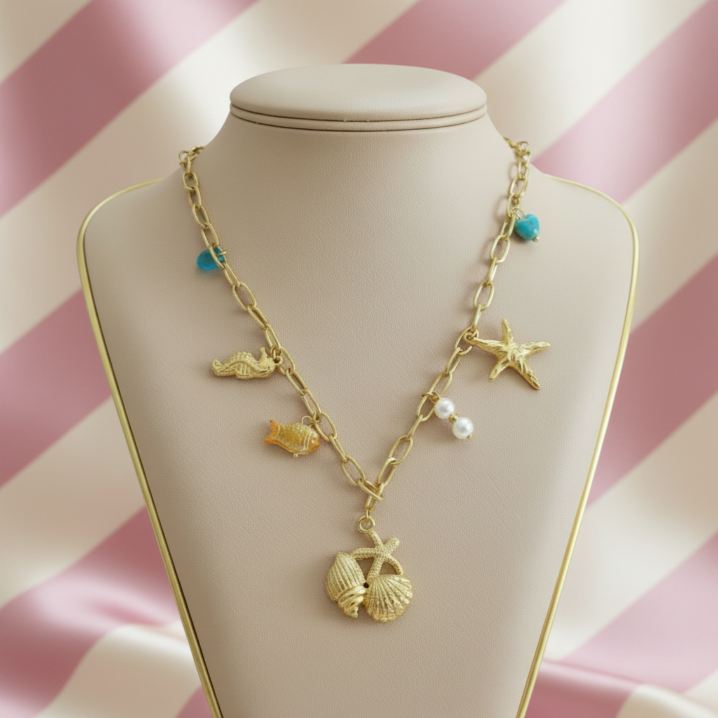 Collier charms mer - vue complète sur buste - fond rayé rose crème