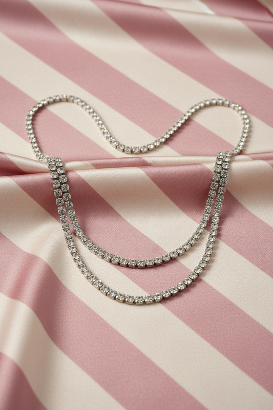 Collier double rang argent - drapé satin - fond rayé rose crème