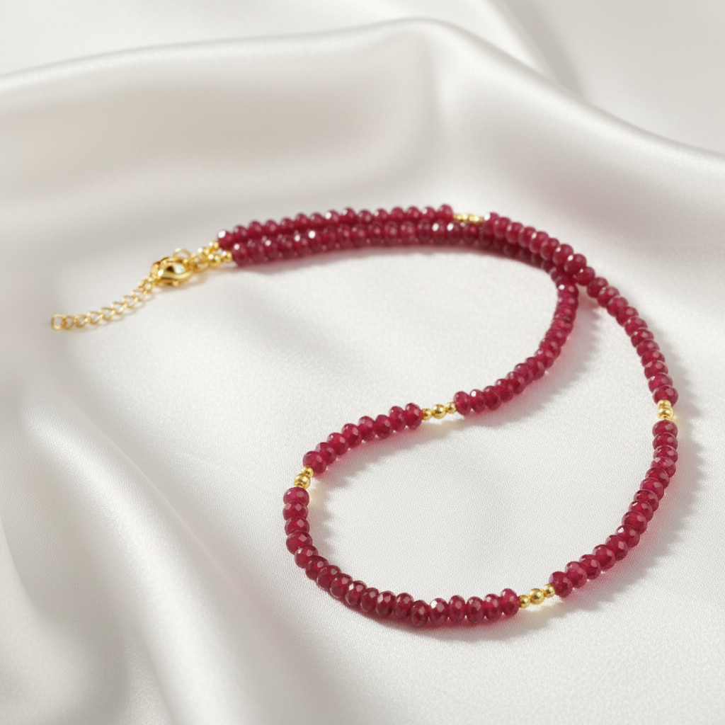 Collier en rubis sur soie blanche