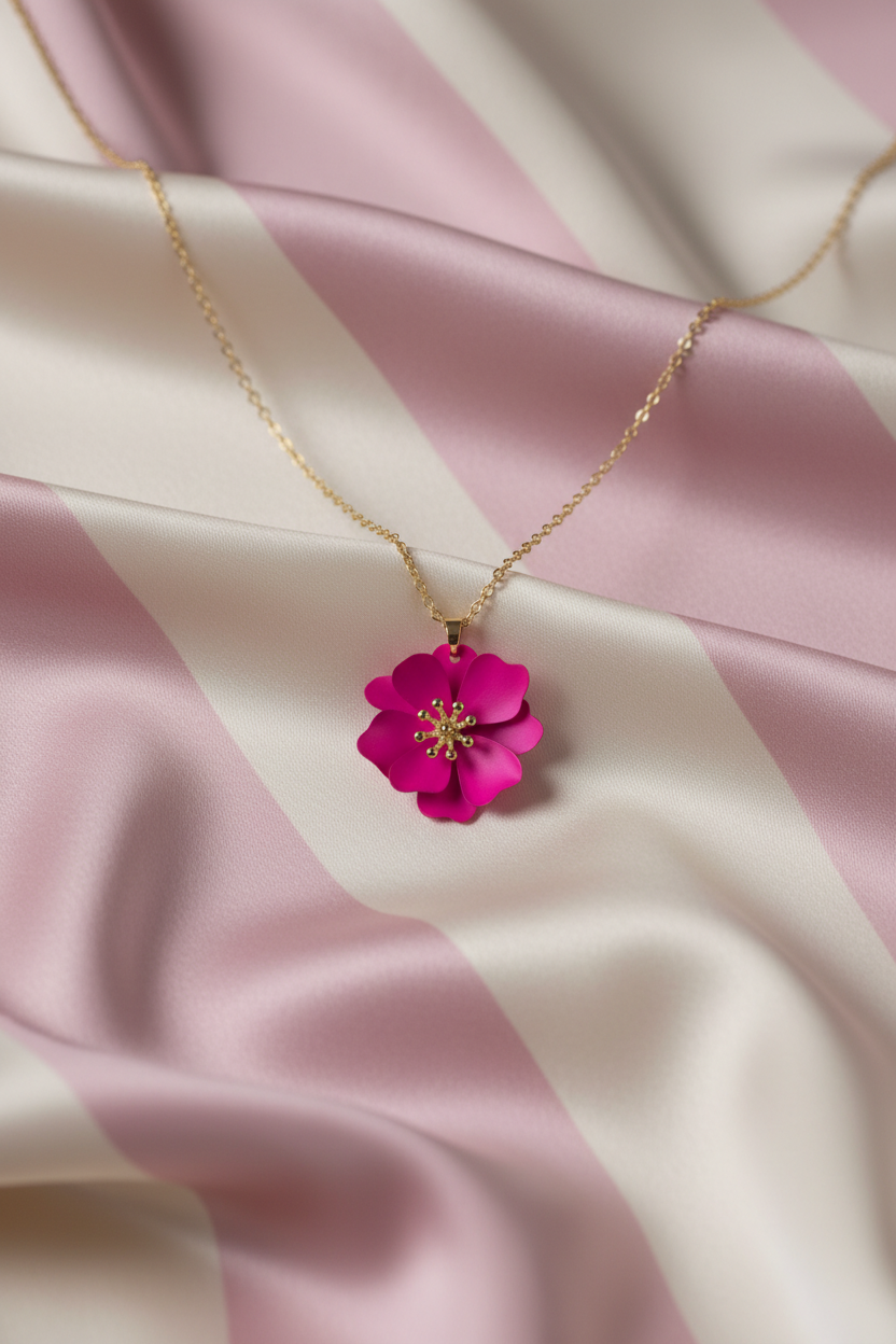 Collier fleur fuchsia – fond rayures rose poudré & crème
