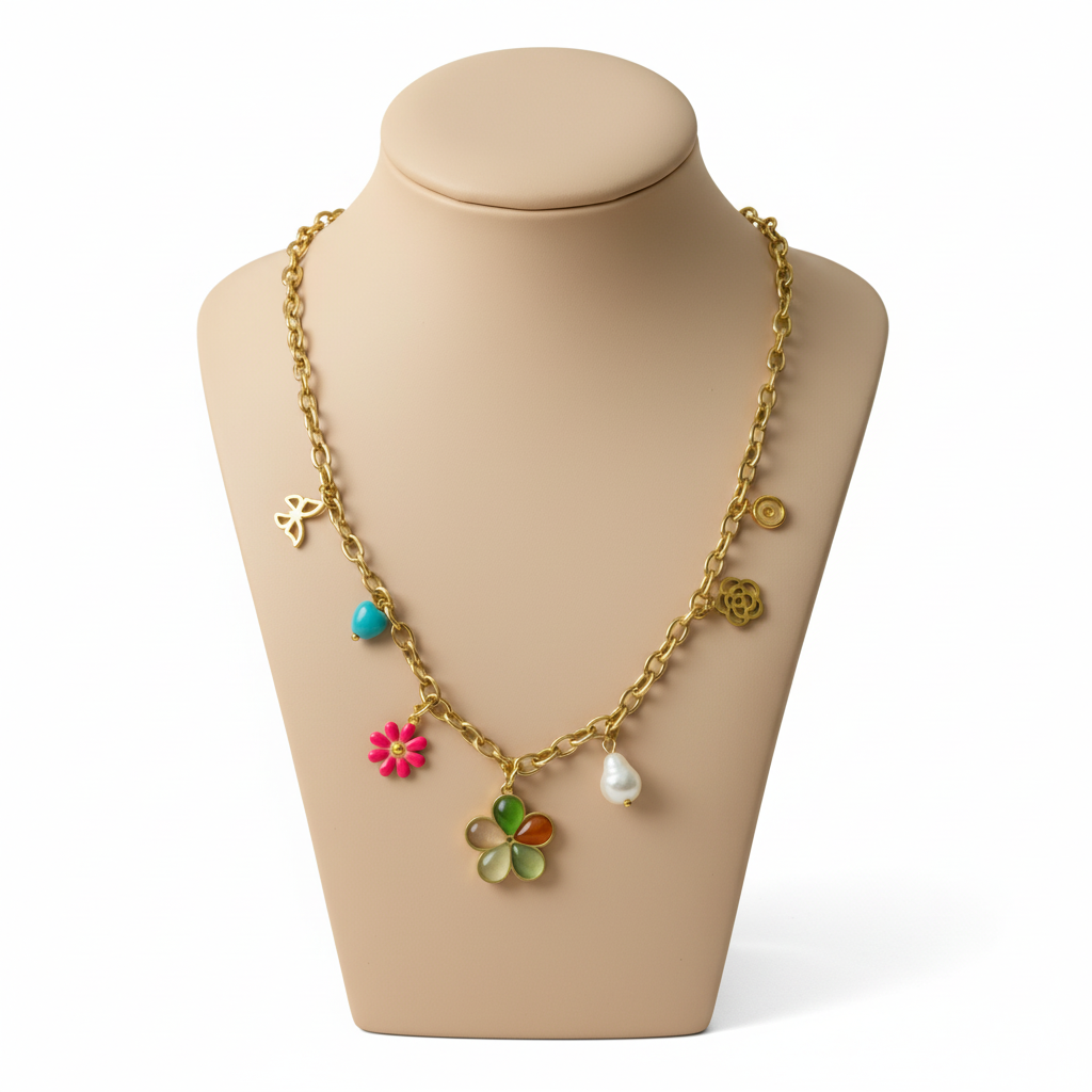 Collier floral d'or sur fond blanc