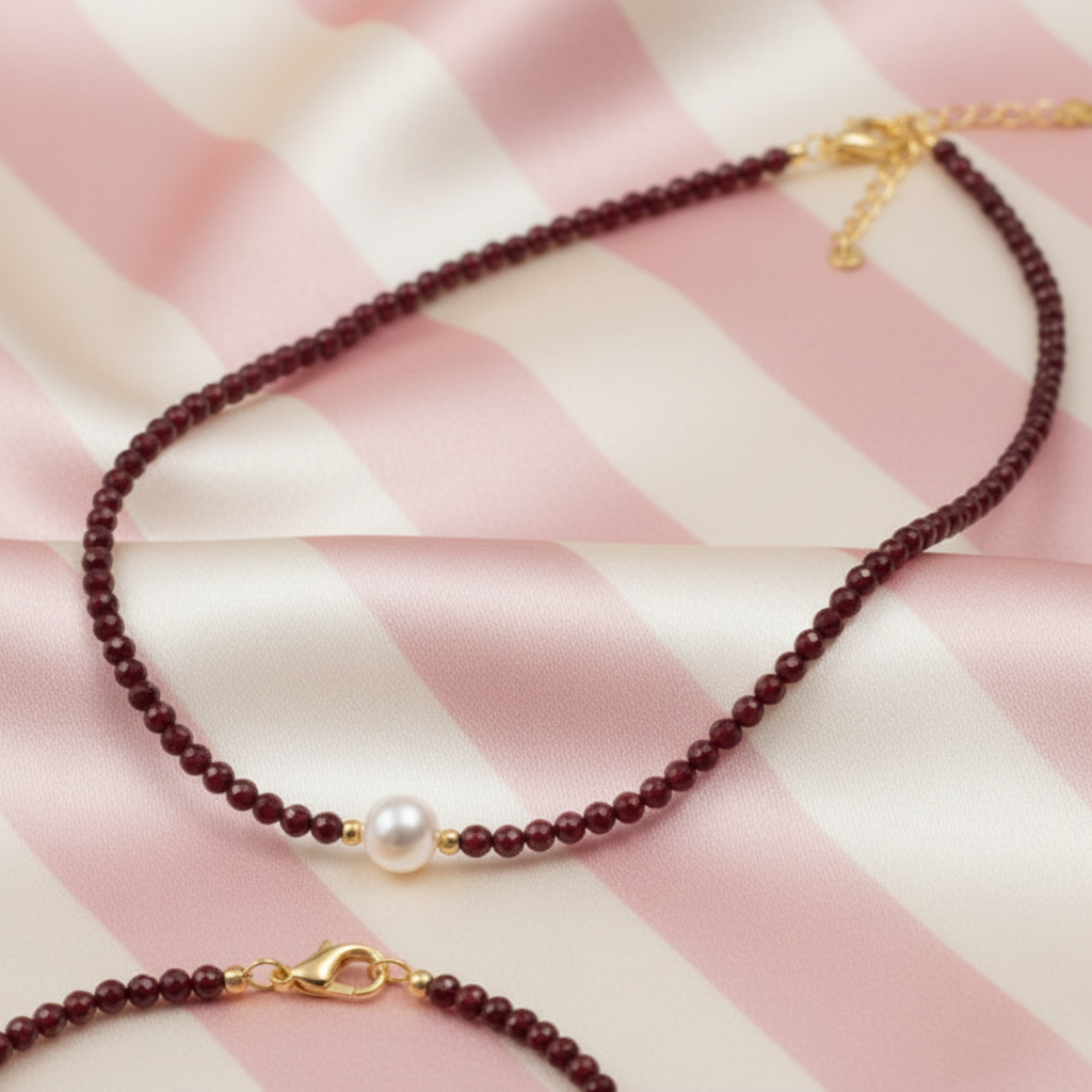 Collier grenat détail - fond rayé rose crème