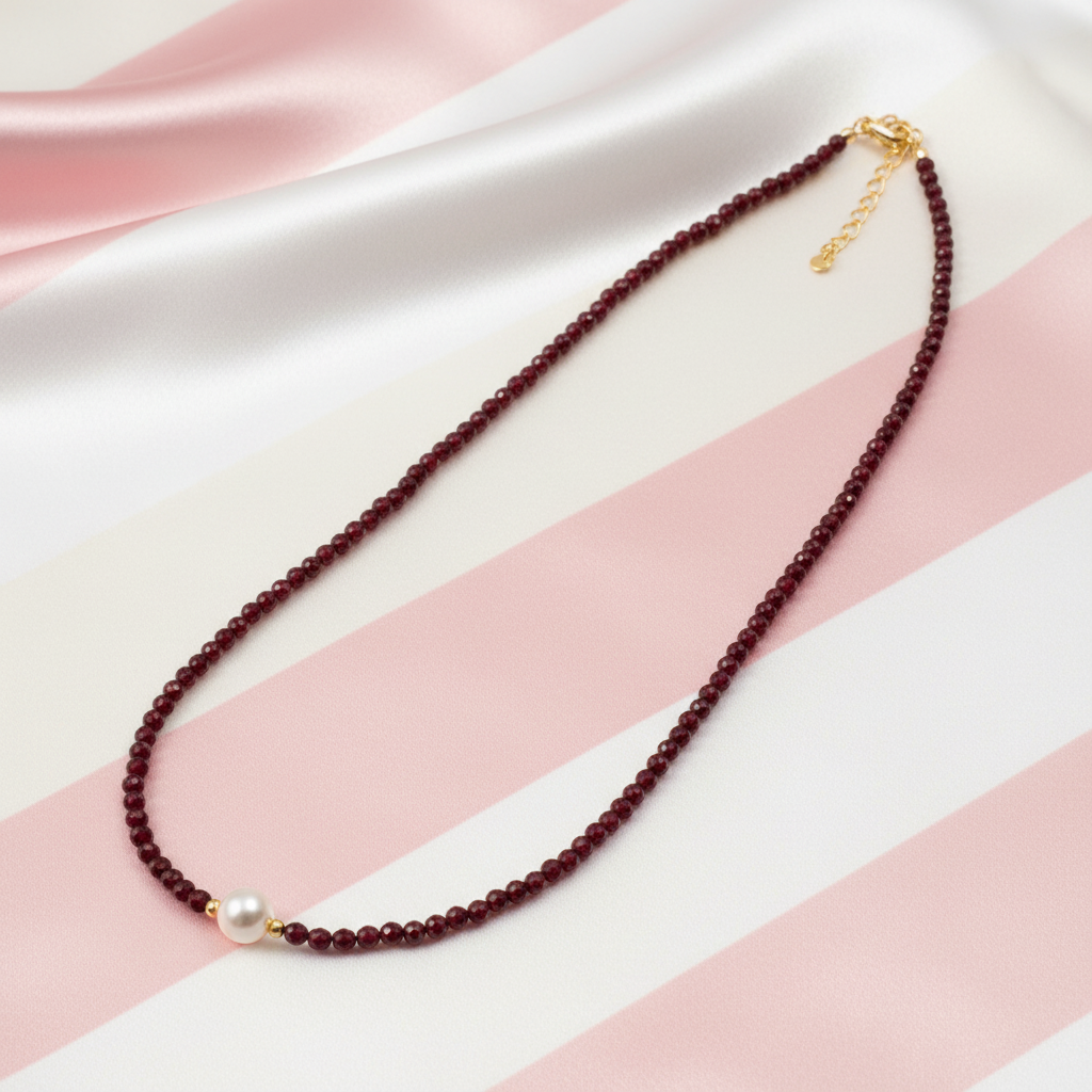 Collier grenat perle - fond rayé rose crème