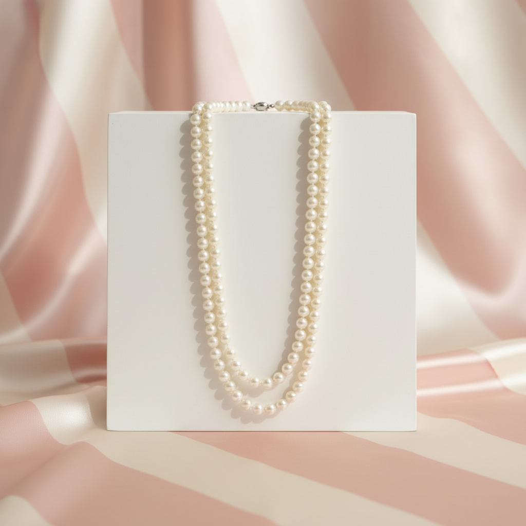 Collier long perles sur présentoir - fond satiné