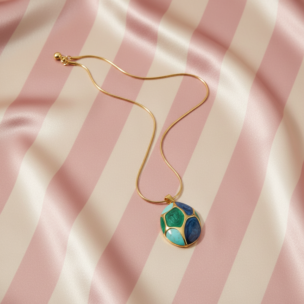 Collier mosaïque émail - flat lay - fond rayé rose crème