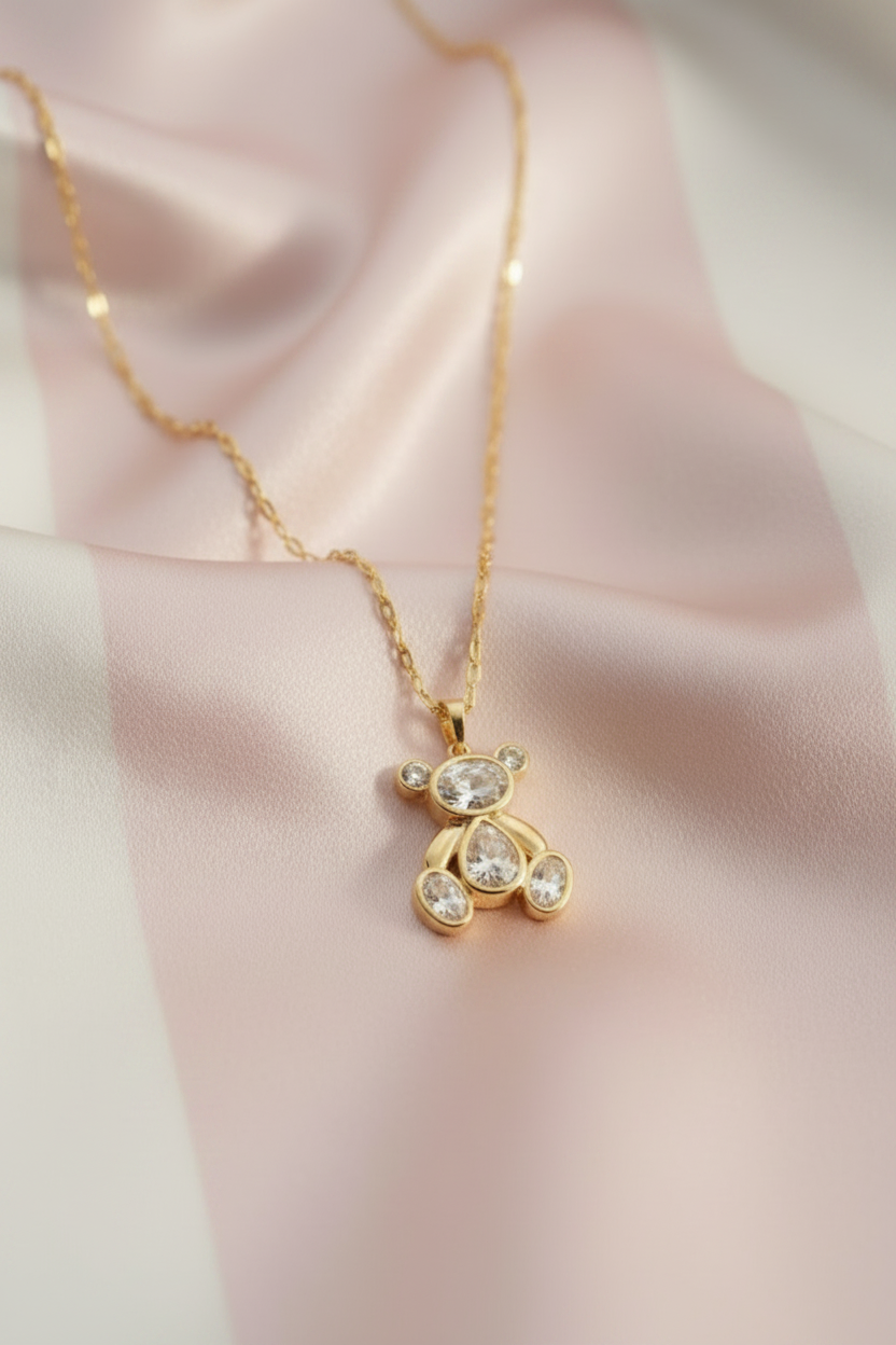 Collier ourson — fond rose poudré et crème satiné rayé