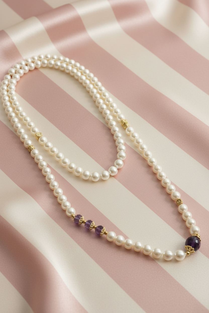 Collier perles améthystes flat lay - fond satiné