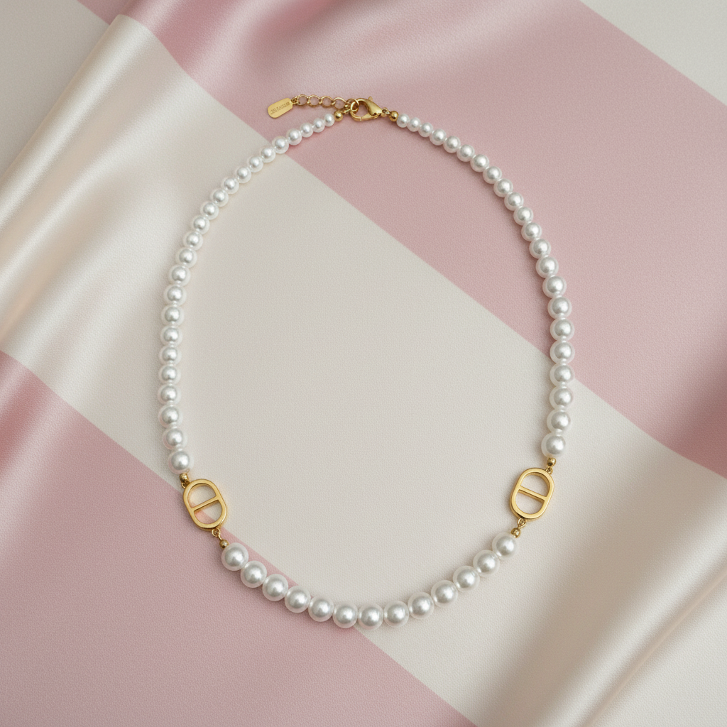 Collier perles charm ancre - flat lay complet - fond rayé rose crème