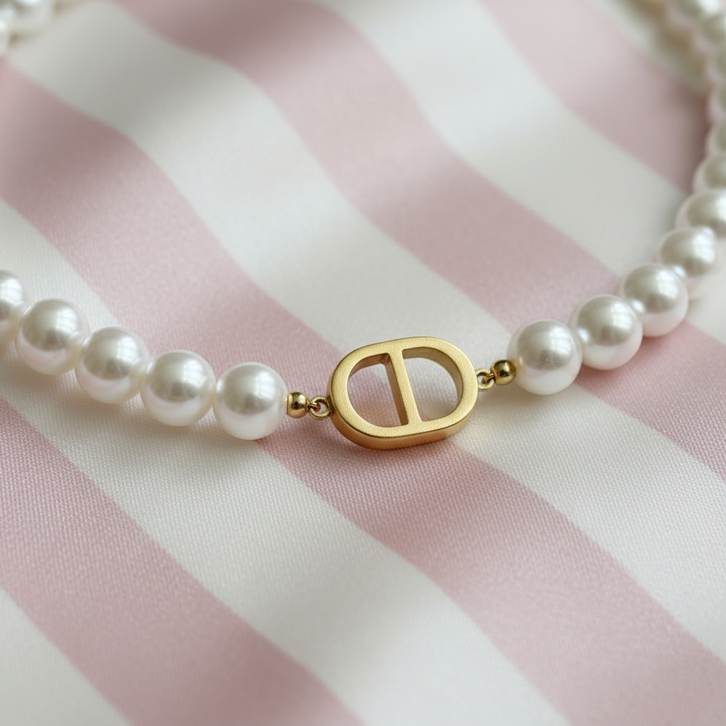 Collier perles charm ancre - macro - fond rayé rose crème