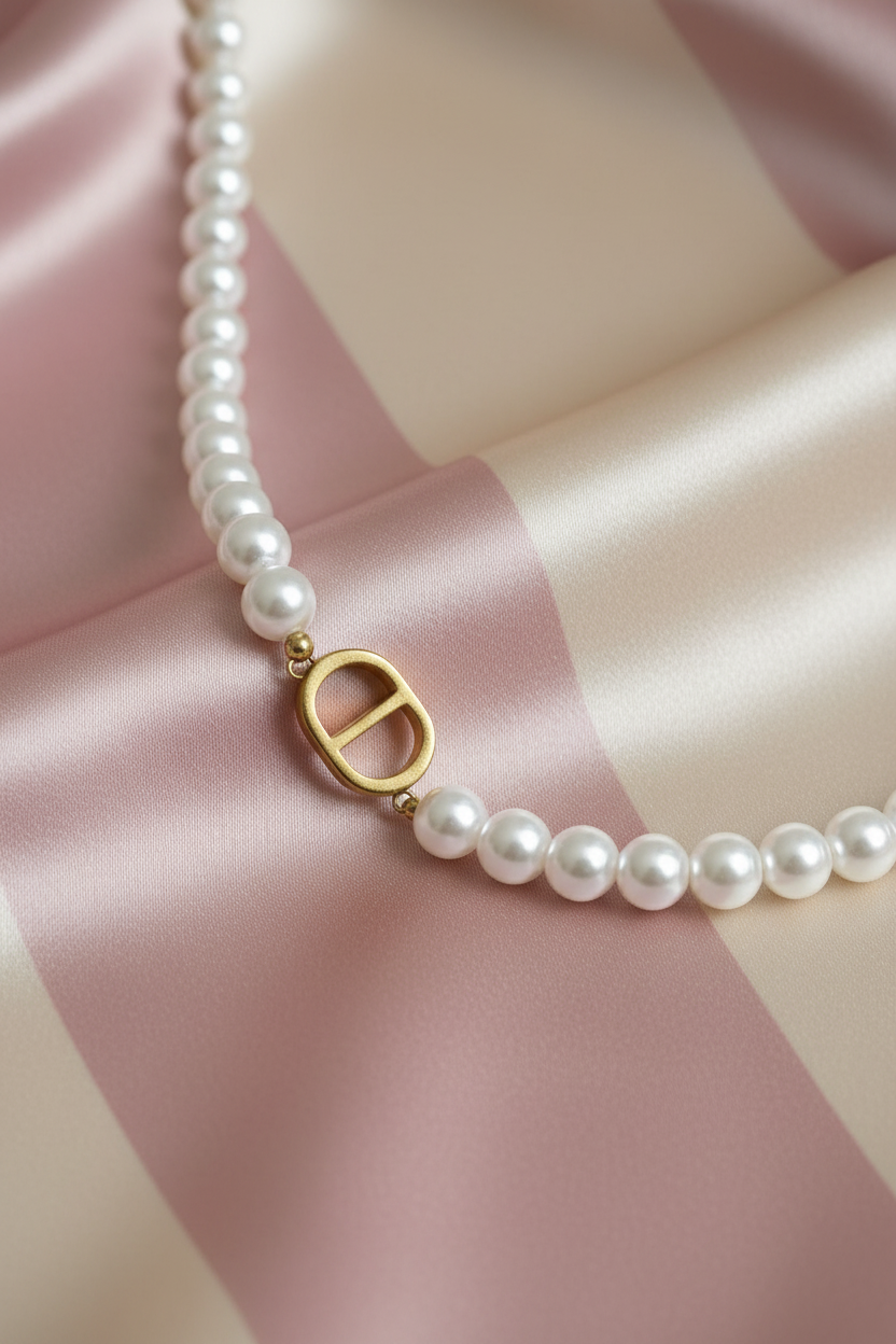 Collier perles charm ancre - vertical - fond rayé rose crème