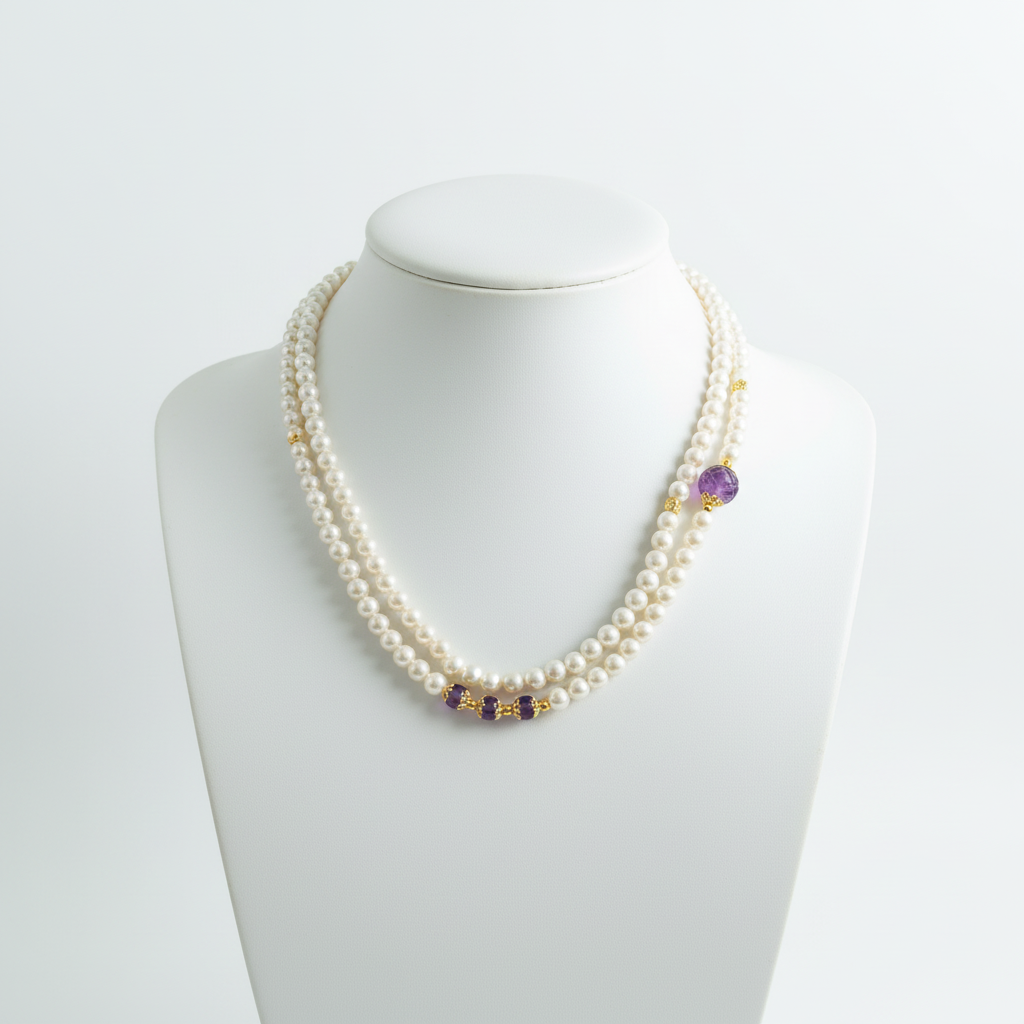 Collier perles cristal de roche sur buste blanc