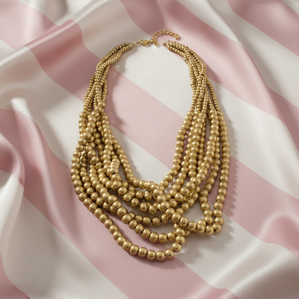 Collier perles - fond rayé satiné rose crème