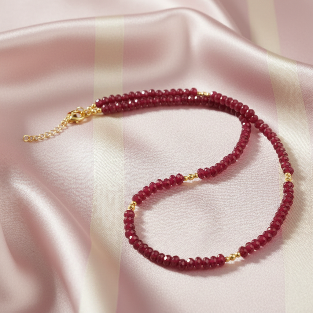 Collier rubis - fond rose poudre rayures crème