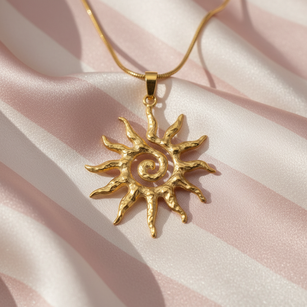 Collier soleil spirale - gros plan - fond rayé rose crème
