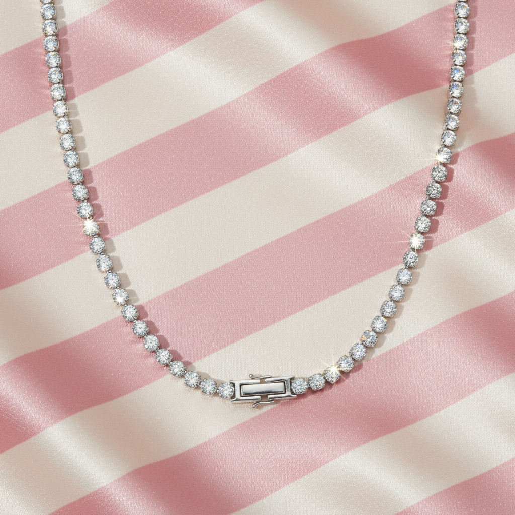 Collier tennis diamants - flat lay - fond rayé rose crème