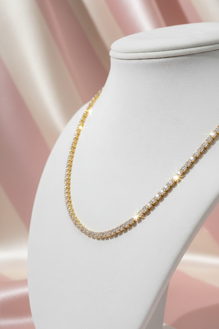 Collier tennis or - buste rapproché - fond rayé rose crème
