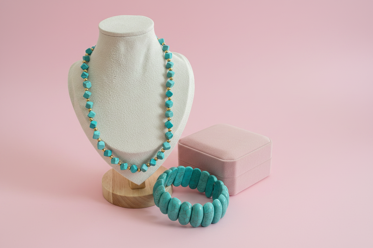 Collier turquoise fond rose