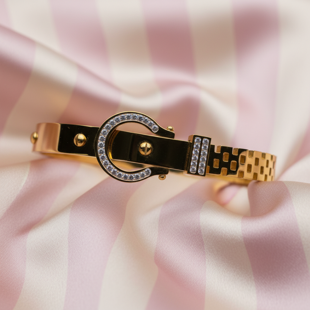 Jonc boucle dorée détail boucle — fond rayures rose poudrée & crème satinée