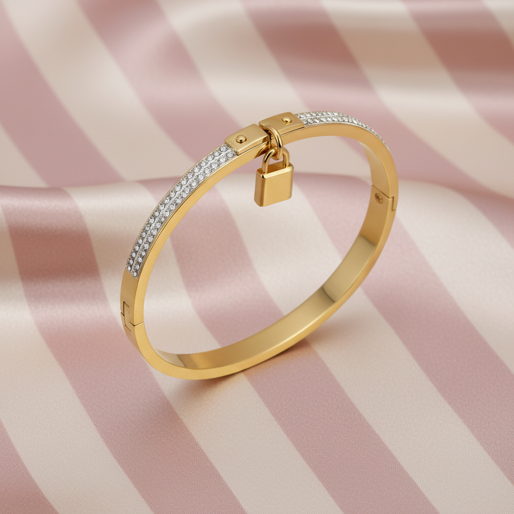 Jonc doré cadenas - fond rose rayé satiné
