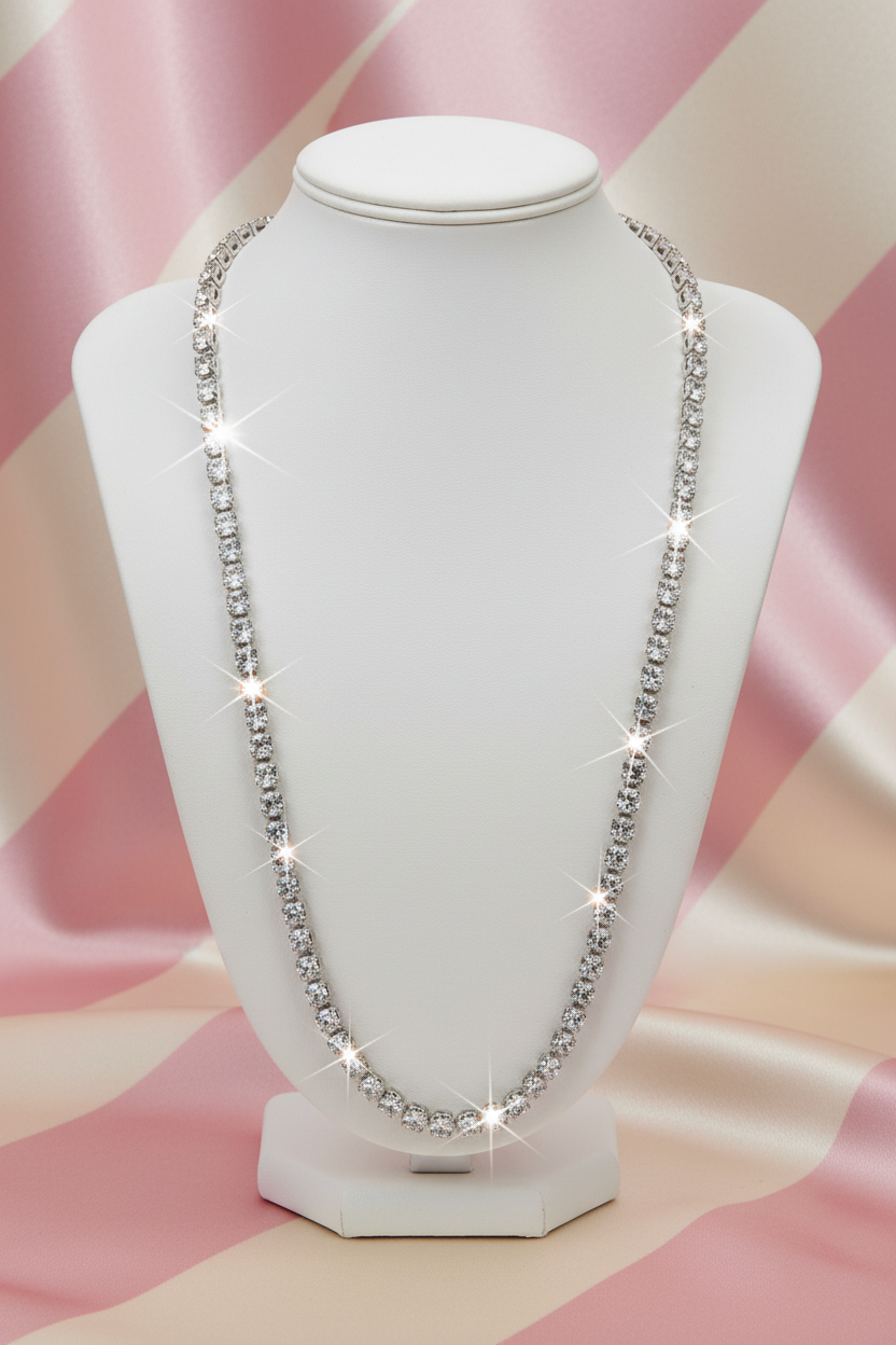 Long collier tennis argent - buste - fond rayé rose crème