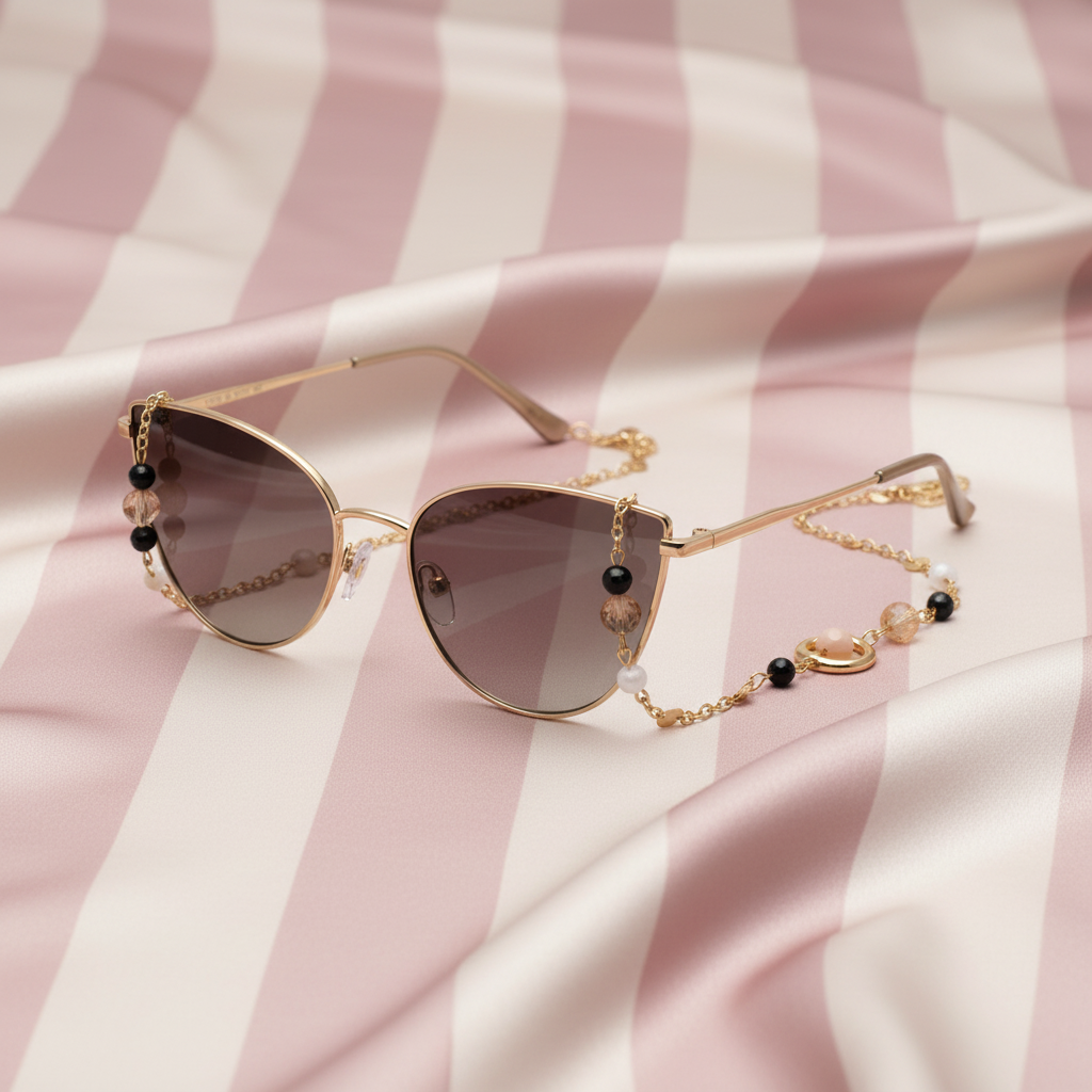 Lunettes cat-eye chaîne beige - fond rose rayé satiné