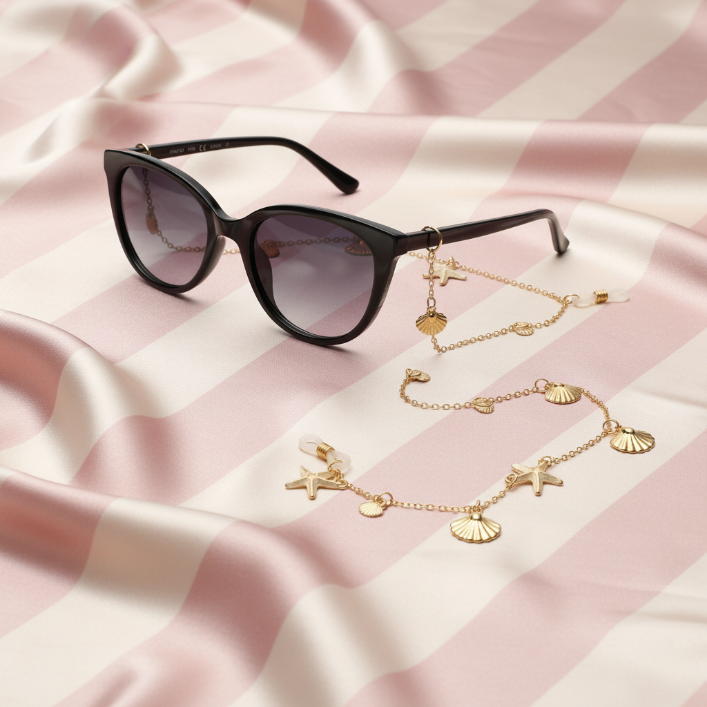 Lunettes noires chaîne marine - fond rose rayé satiné
