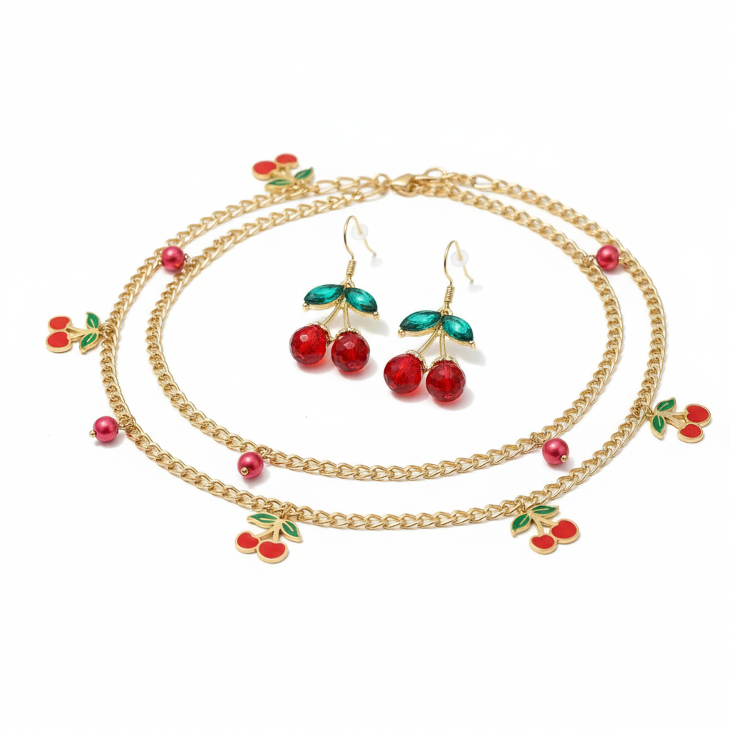 Parure Cerise complète sur fond blanc
