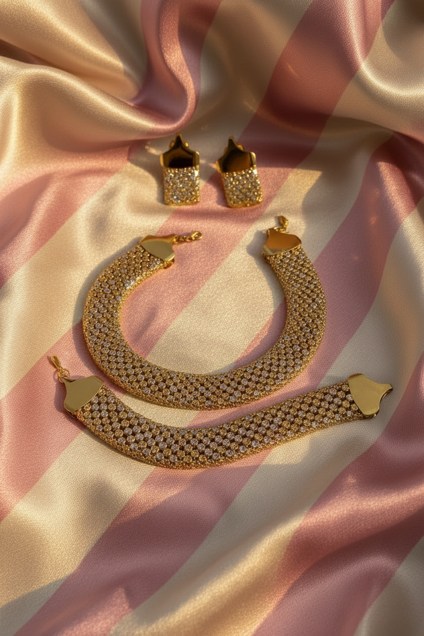 Parure dorée cristaux – flat lay – fond satiné rayures rose poudre & crème