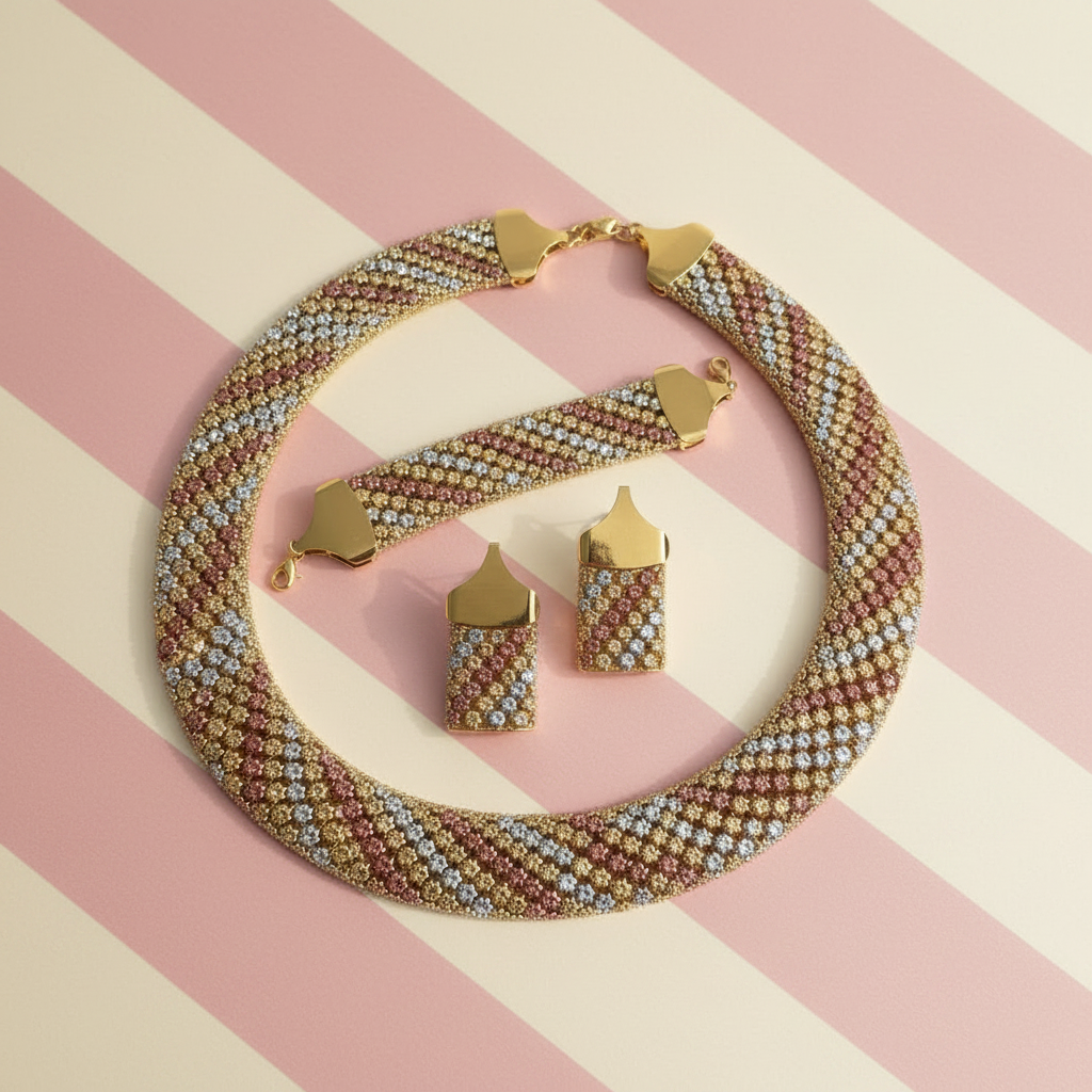 Parure flat lay – fond rayé rose poudré et crème