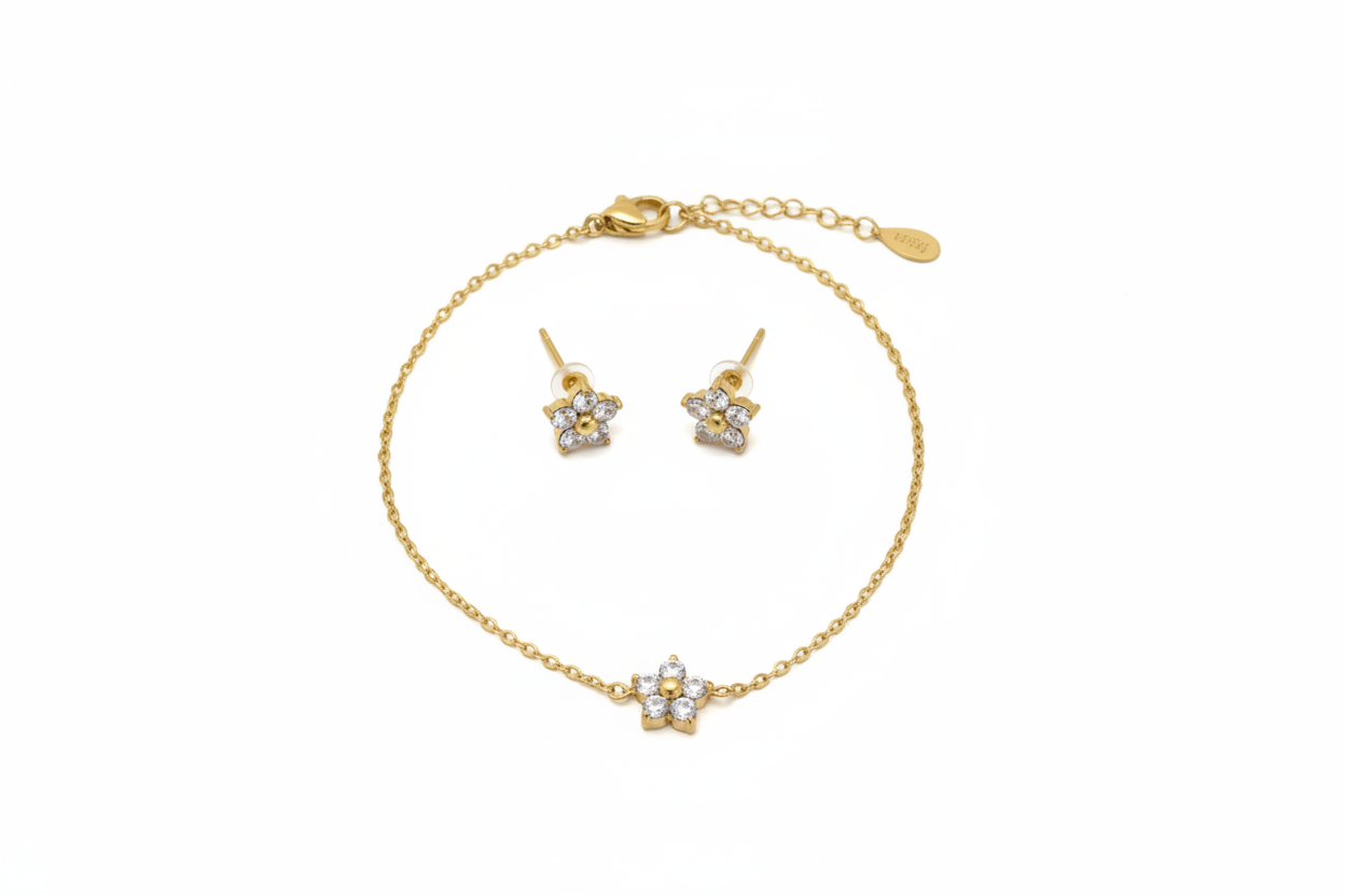 Parure fleur de cristal flat lay 1
