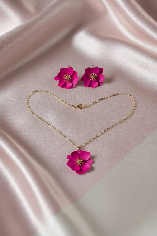 Parure fleur fuchsia – fond rayures rose poudré & crème