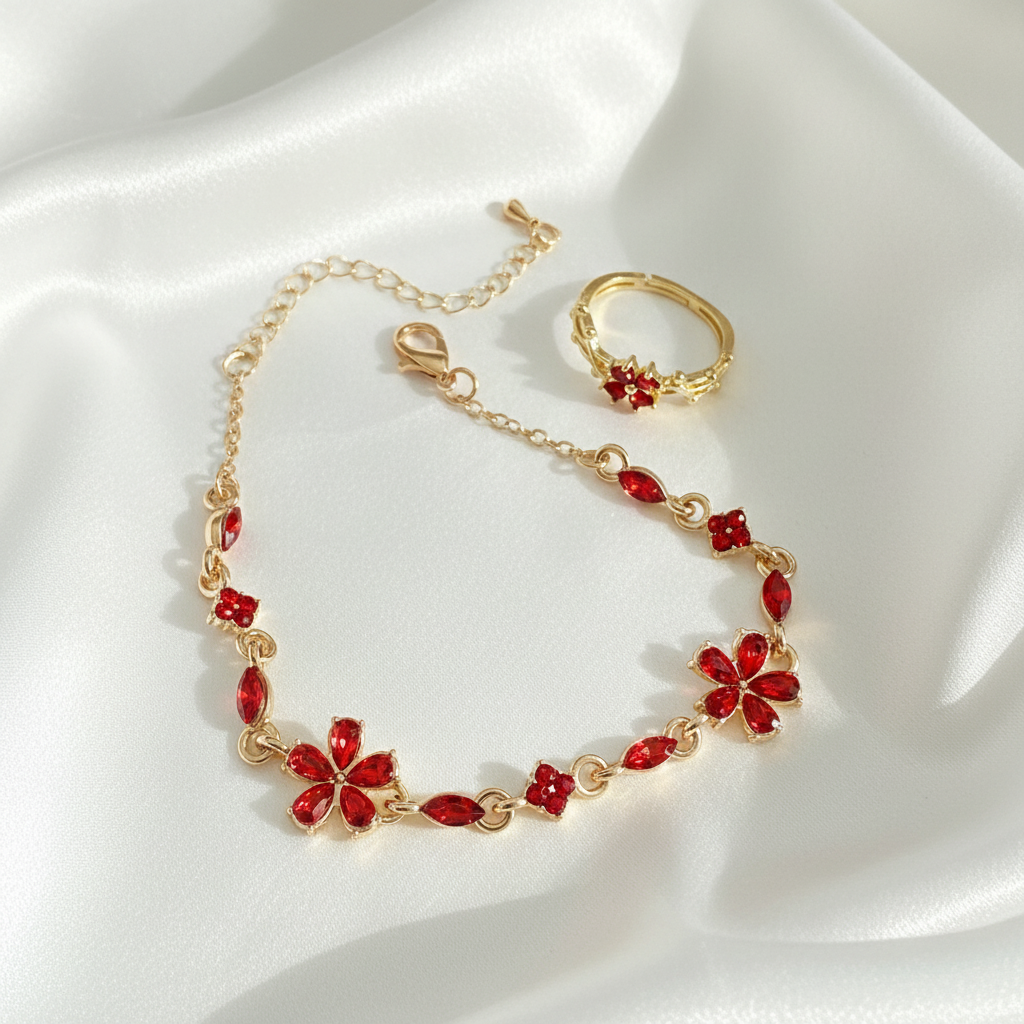 Parure fleurs rubis dorée - vue 1