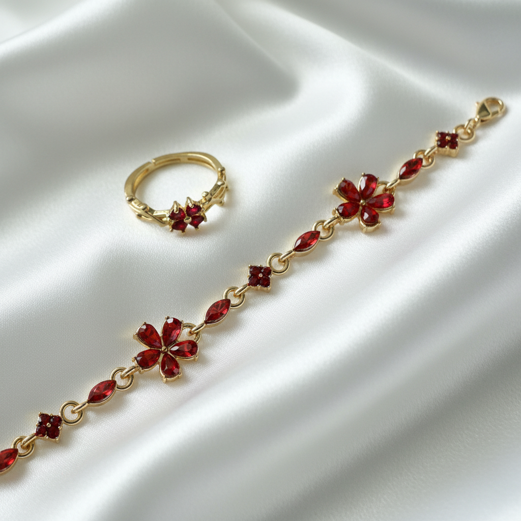 Parure fleurs rubis dorée - vue 2