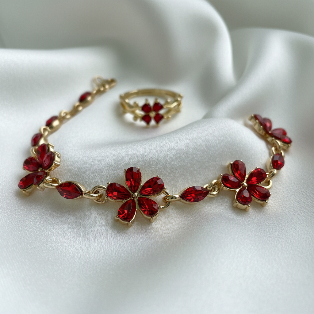 Parure fleurs rubis dorée - vue 3