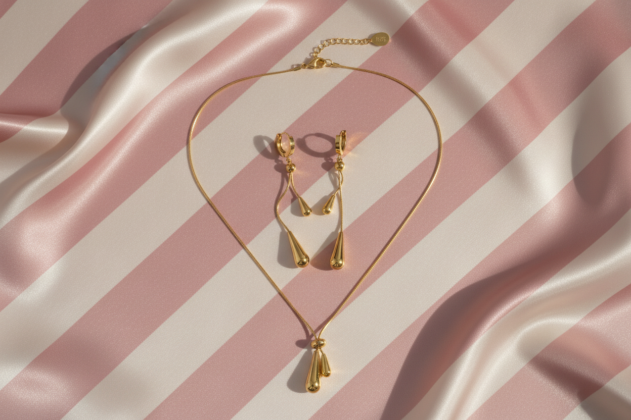 Parure gouttes dorées flat lay fond satiné